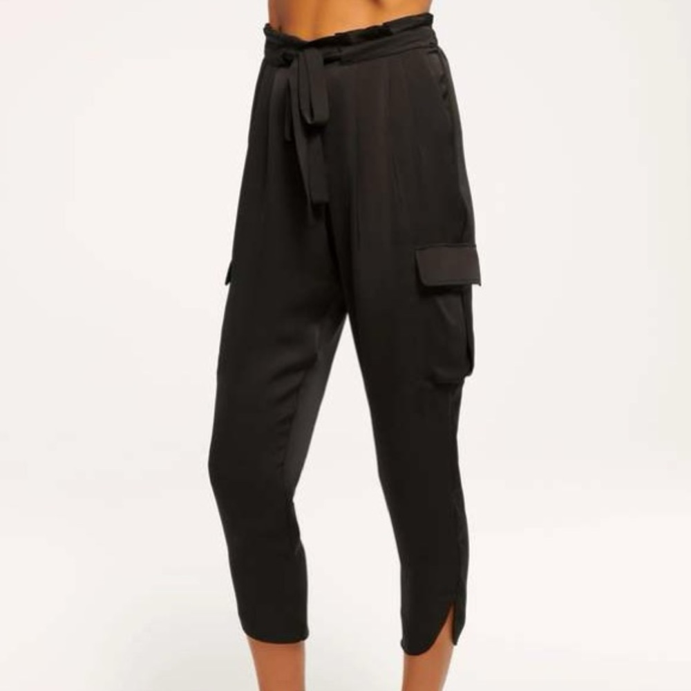 Ramy Brook Satin Allyn Black Cropped Paper Bag Waist Tie Belt Pants EUC Size XS